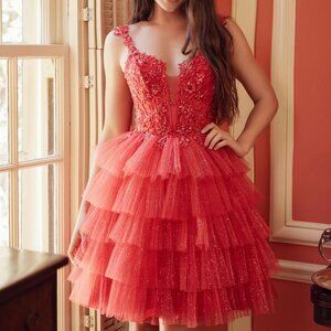 Red formal dress. Homecoming graduation prom quinceanera short beaded dress